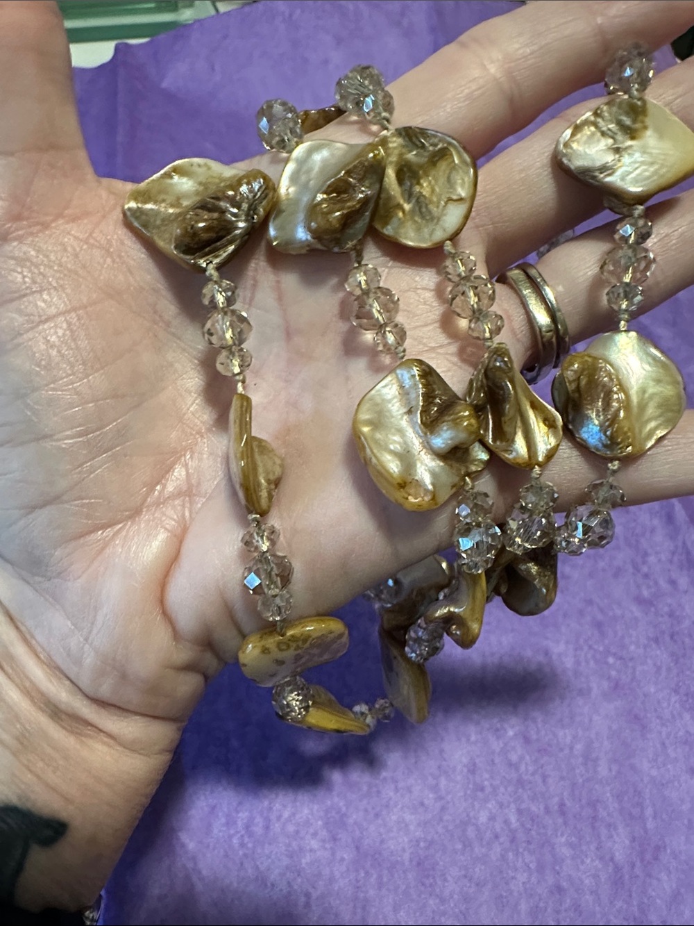 Artisan boho shell and crystal beaded necklace coastal statement jewelry